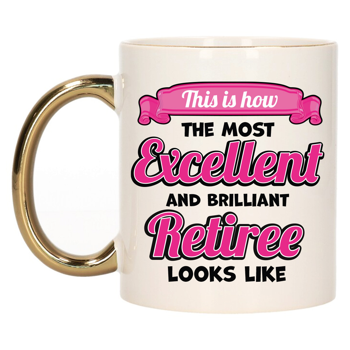 Cadeau koffie/thee mok - excellent gepensioneerde - goud/roze - keramiek - 300 ml