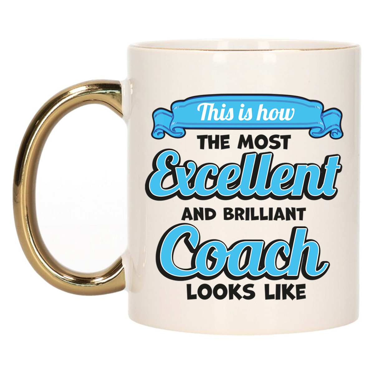 Cadeau koffie/thee mok - excellent trainer/coach - goud/blauw - keramiek - 300 ml