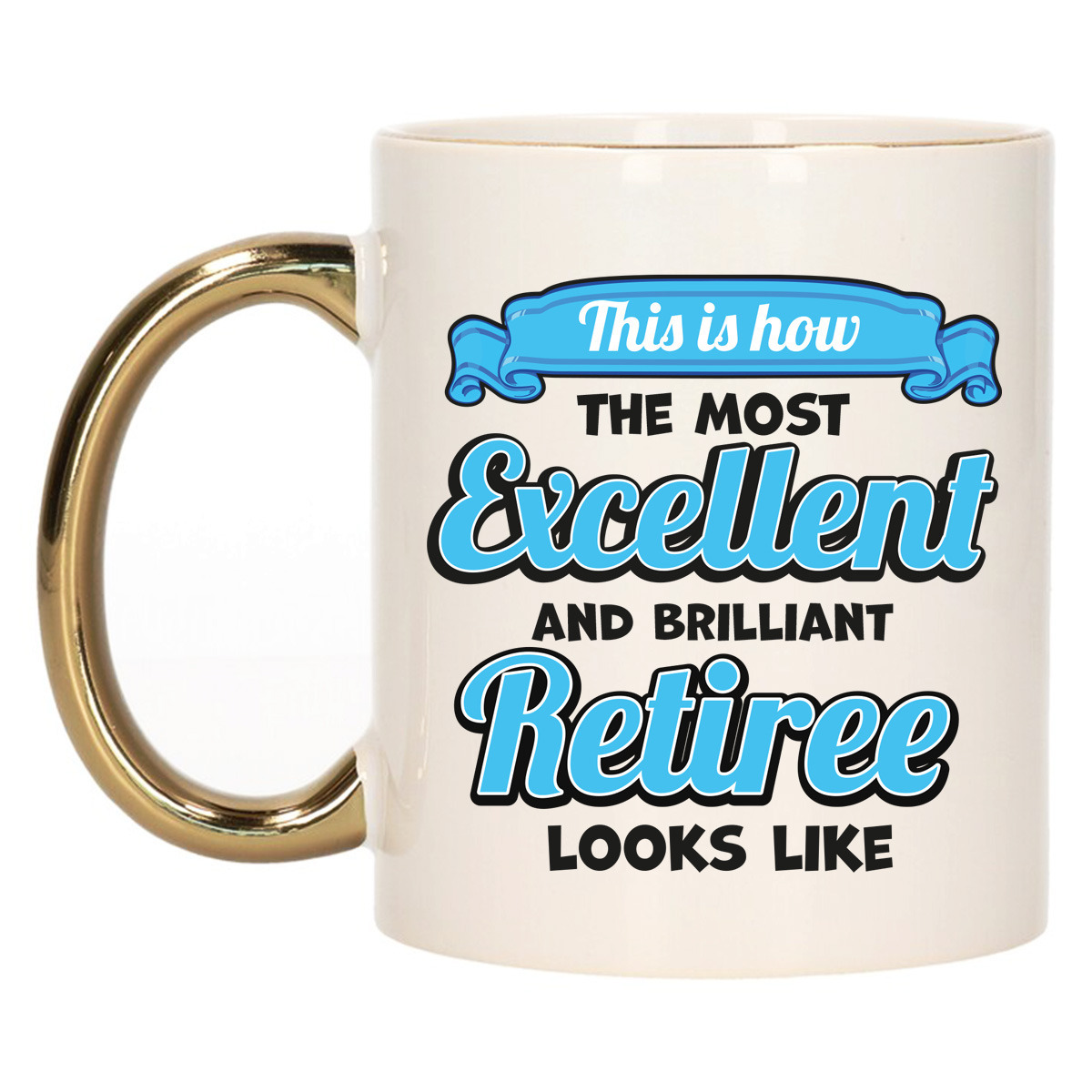 Cadeau koffie/thee mok - excellent gepensioneerde - goud/blauw - keramiek - 300 ml