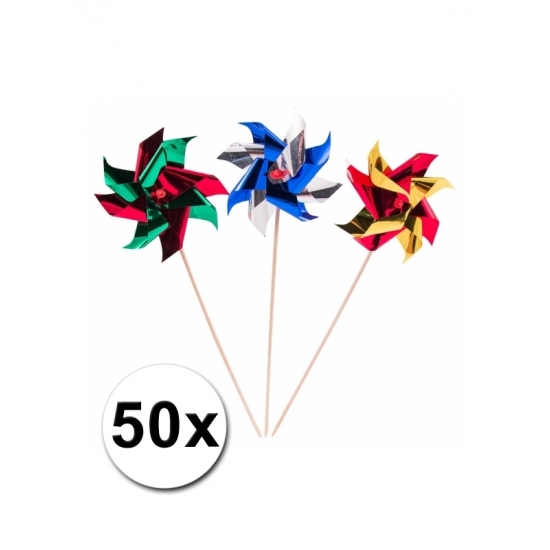 Metallic windmolen hapjes prikkers - 50x stuks - taart toppers - 19 cm