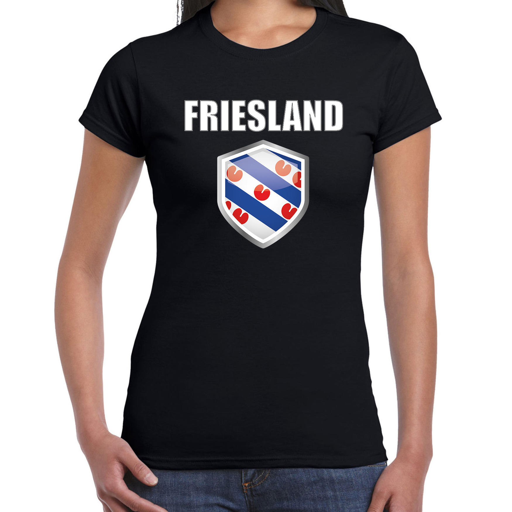 Friesland supporter t-shirt met Friese vlag schild zwart dames