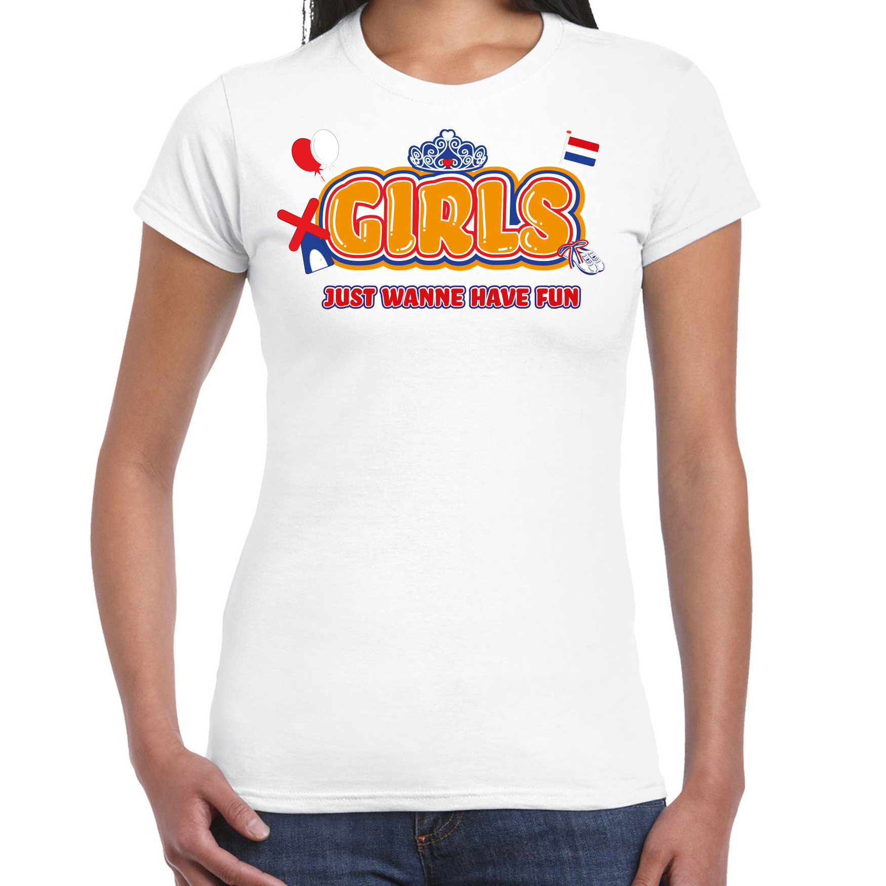 Koningsdag verkleed T-shirt voor dames - girls just wanna have fun - wit - feestkleding