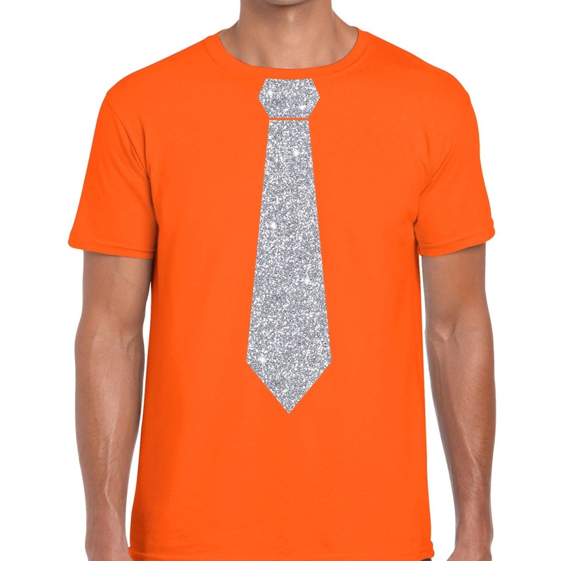 Carnaval verkleed t-shirt - met zilveren glitter stropdas - oranje - voor heren - disco - glamour