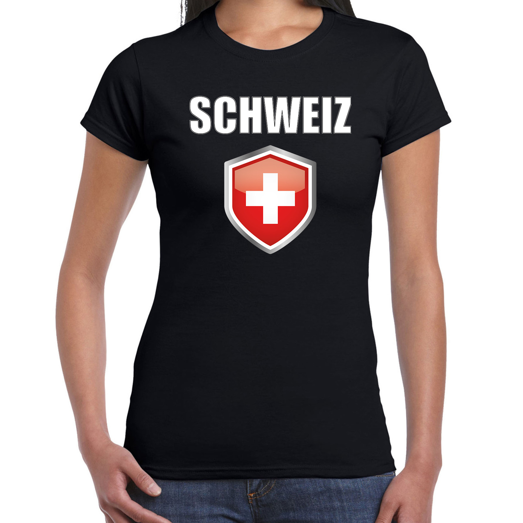 Zwitserland landen supporter t-shirt met Zwitserse vlag schild zwart dames