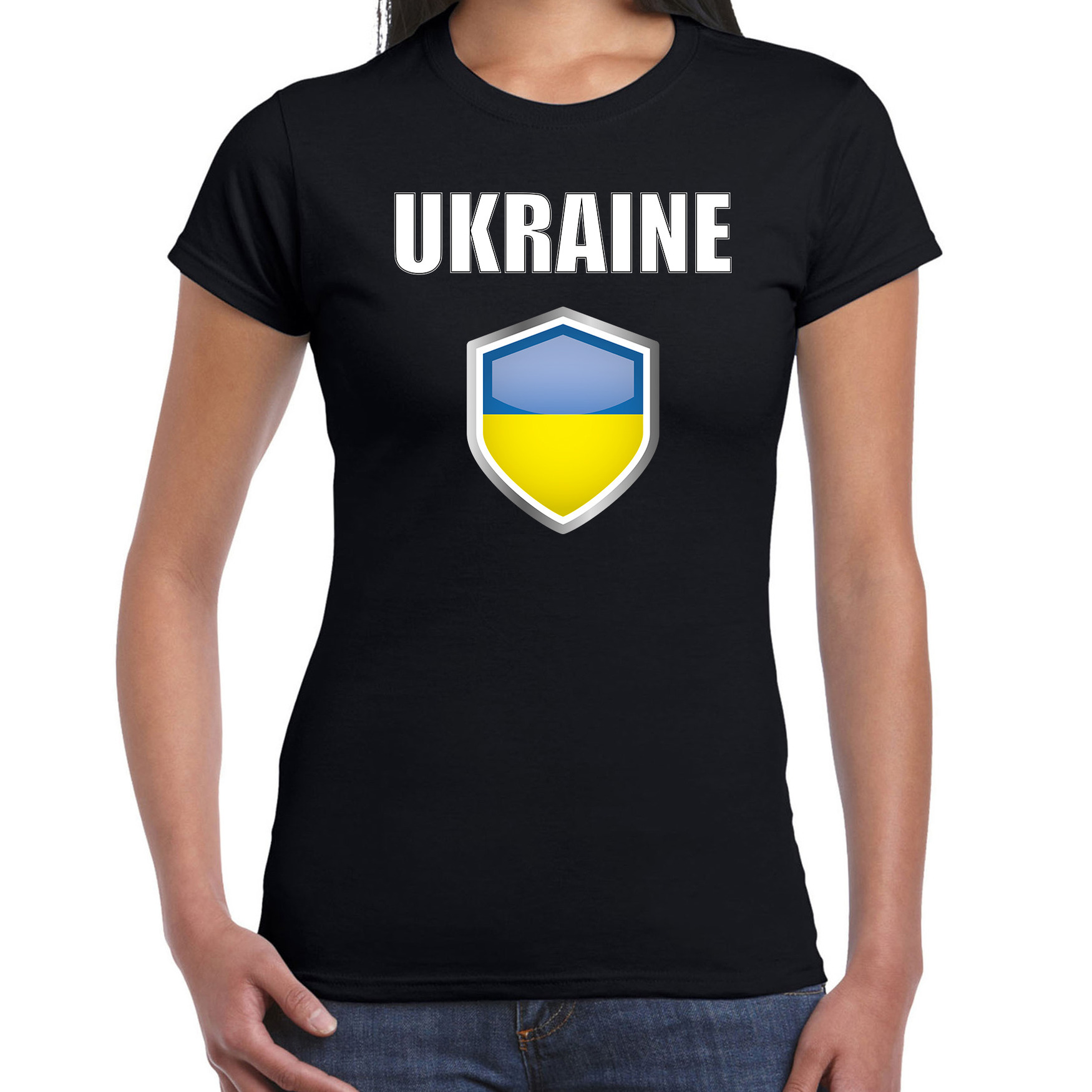 Oekraine landen supporter t-shirt met Oekraiense vlag schild zwart dames