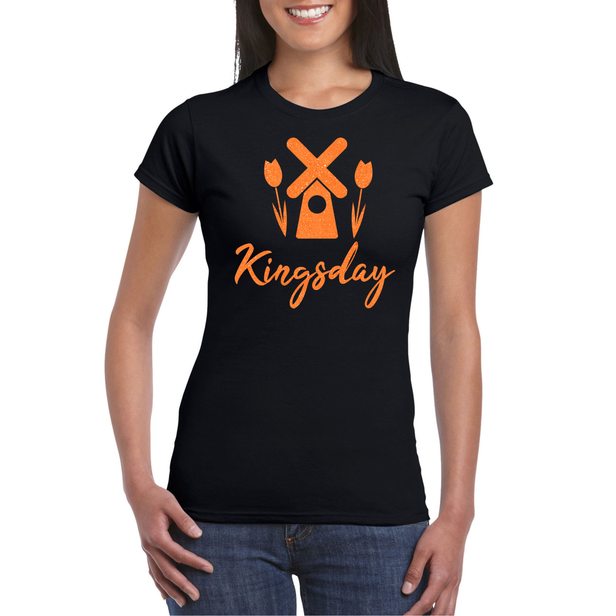 Koningsdag verkleed T-shirt voor dames - Holland - zwart - met glitters - feestkleding