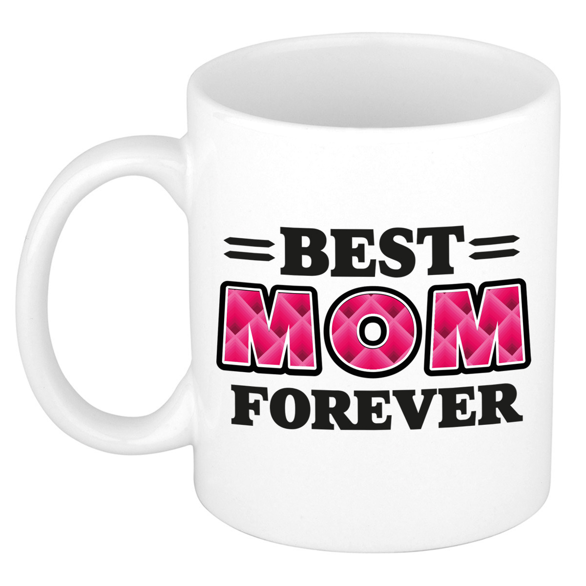 Cadeau koffie/thee mok - de beste mama voor altijd - vierkantjes - fuchsia - 300 ml - keramiek