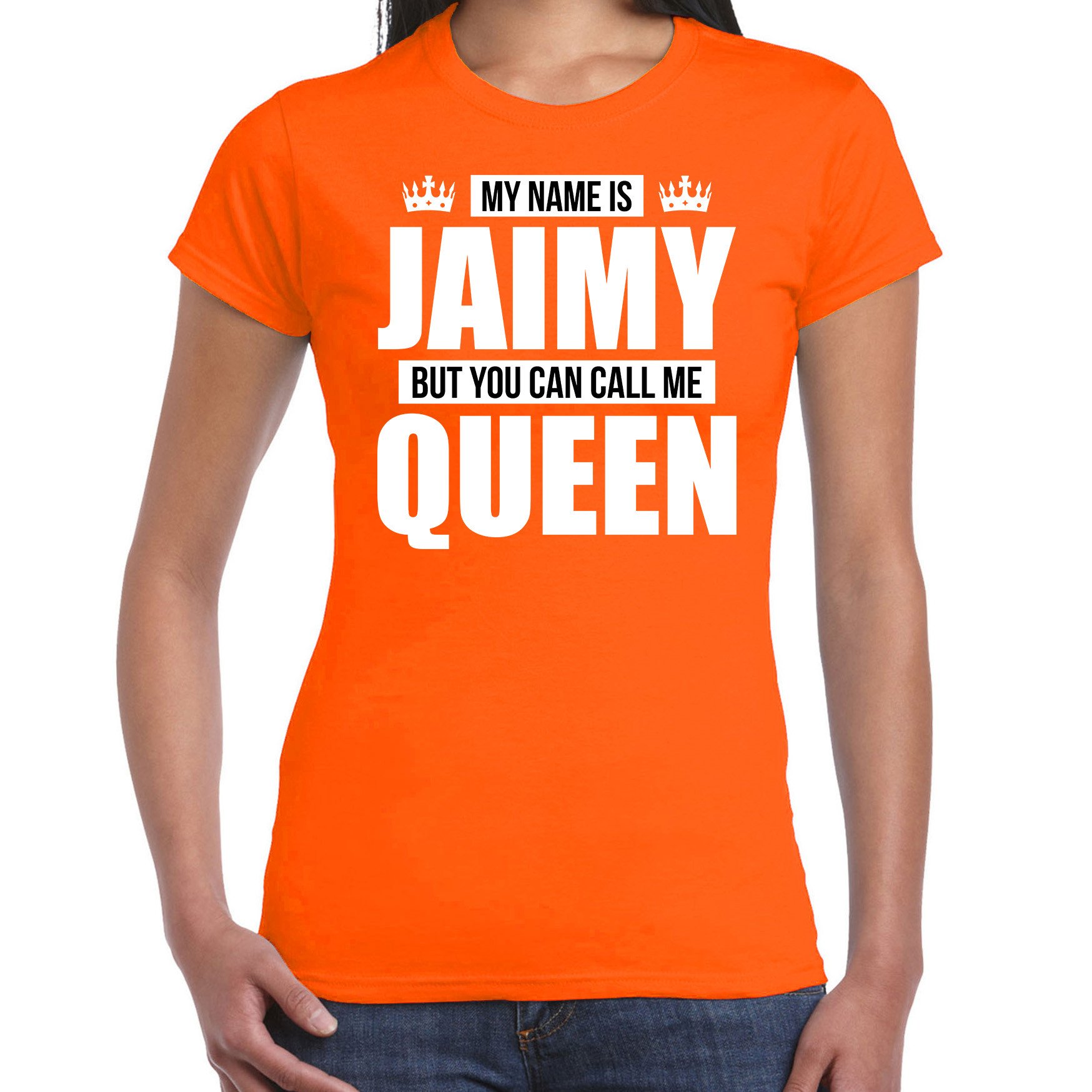 Naam cadeau t-shirt my name is Jaimy - but you can call me Queen oranje voor dames