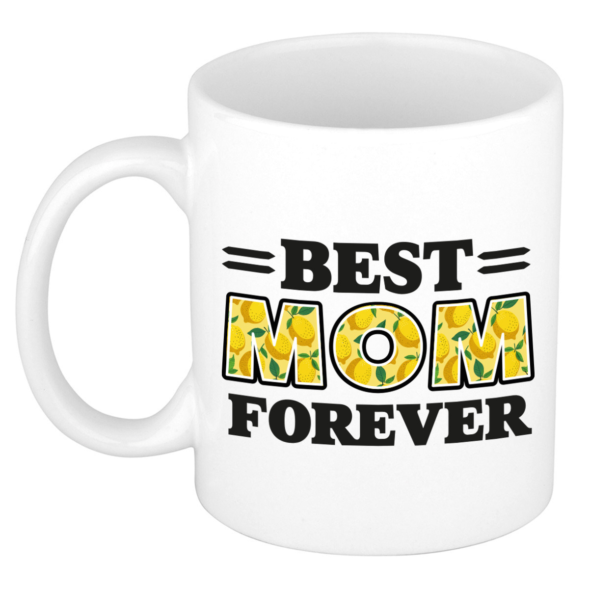 Cadeau koffie/thee mok - de beste mama voor altijd - citroentjes - geel - 300 ml - keramiek