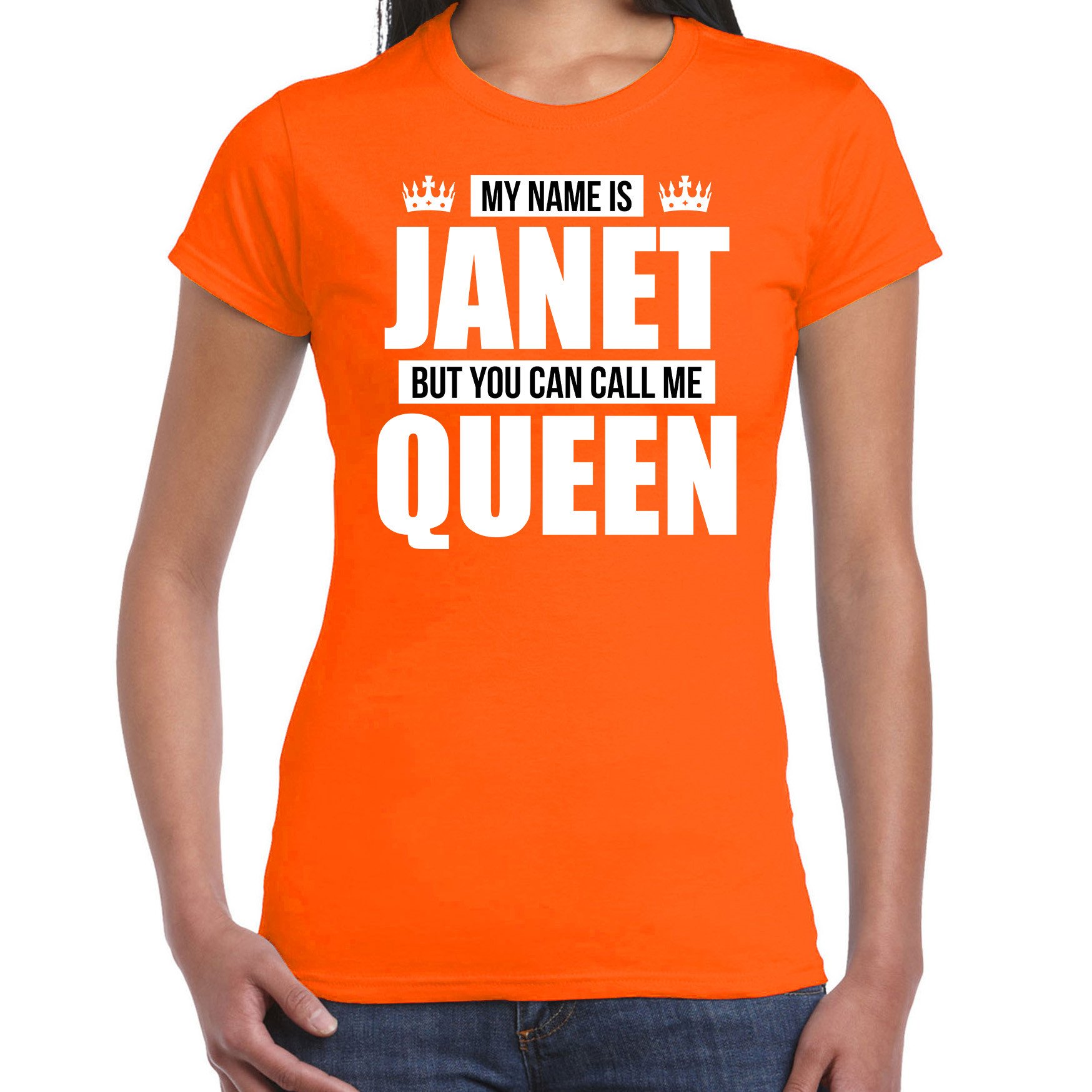 Naam cadeau t-shirt my name is Janet - but you can call me Queen oranje voor dames