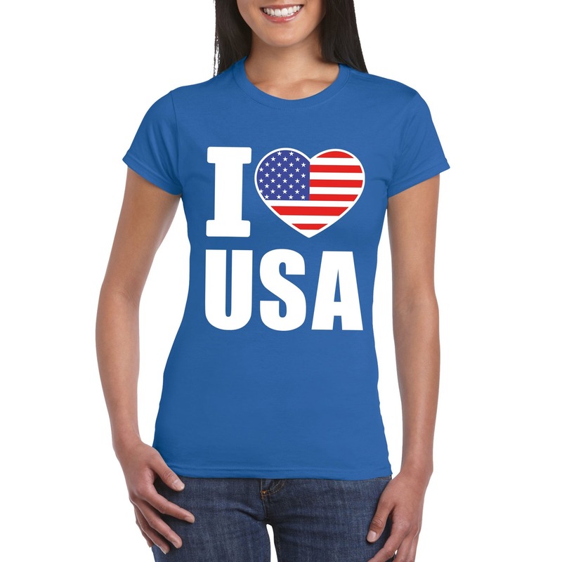 Blauw I love USA - Amerika fan shirt dames