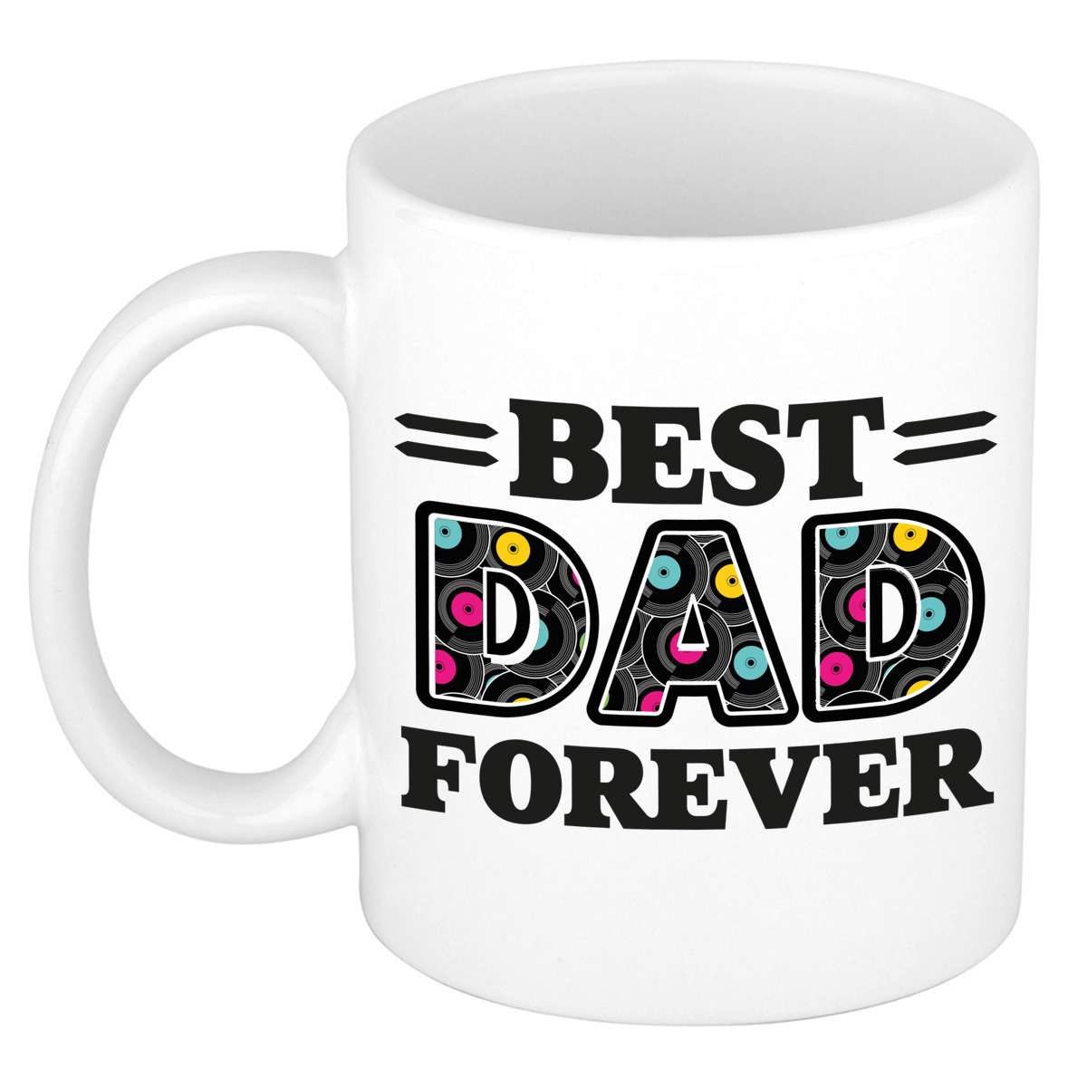 Cadeau koffie/thee mok - de beste papa voor altijd - langspeel plaat - zwart - 300 ml - keramiek