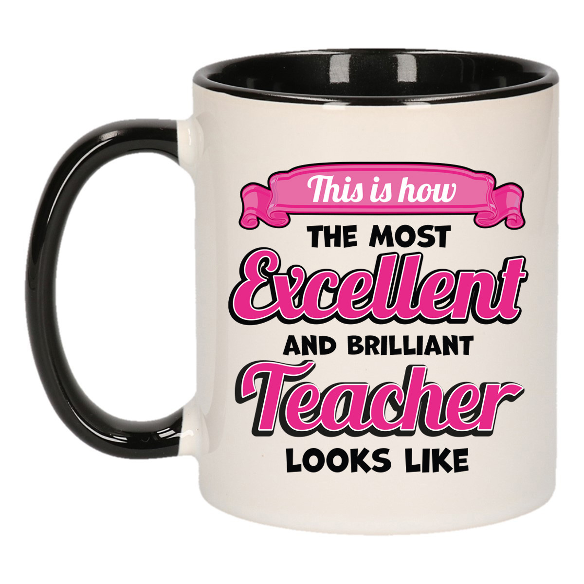 Cadeau koffie/thee mok - excellent leraar/mentor - zwart - keramiek - 300 ml