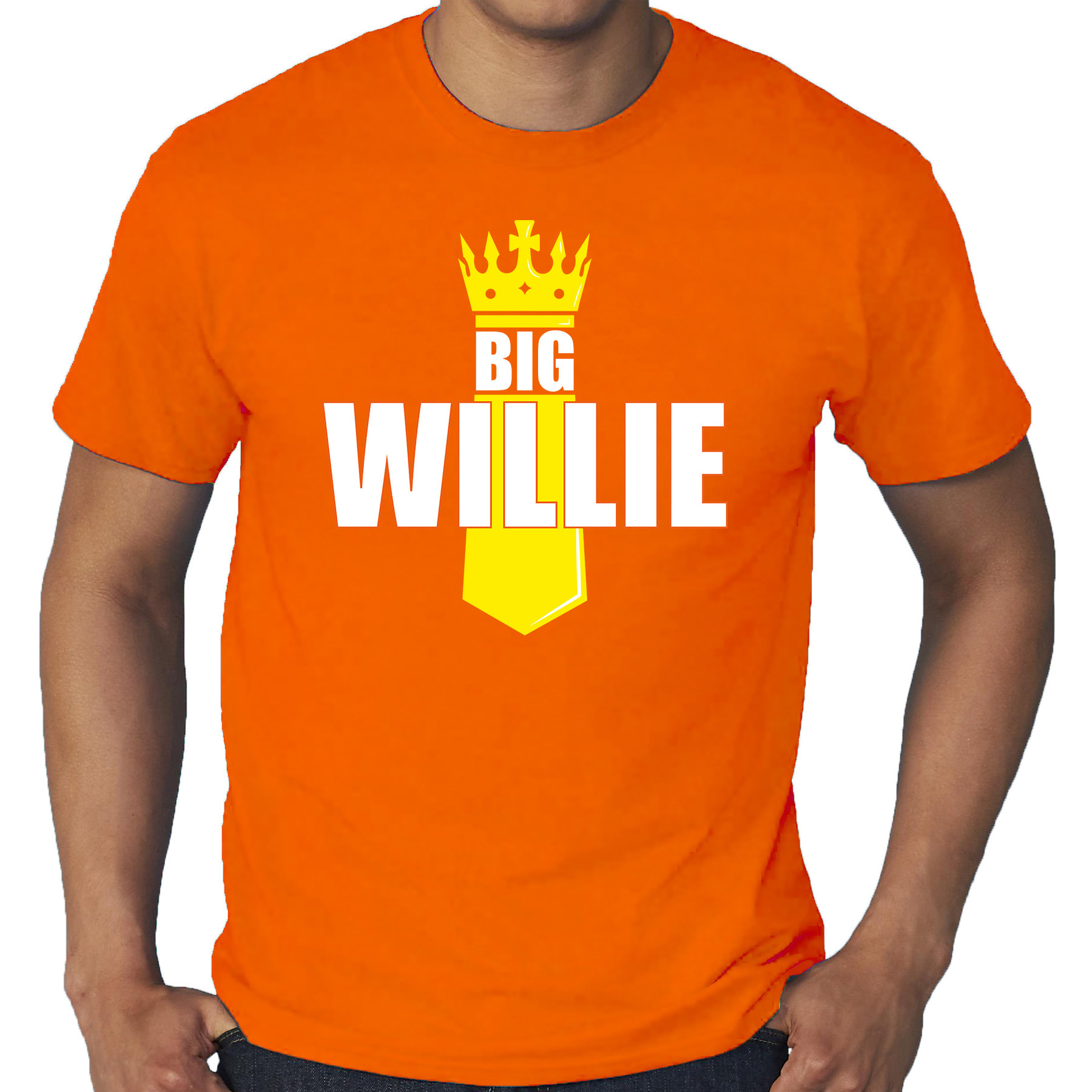 Grote maten Koningsdag t-shirt big Willie met kroontje oranje voor heren