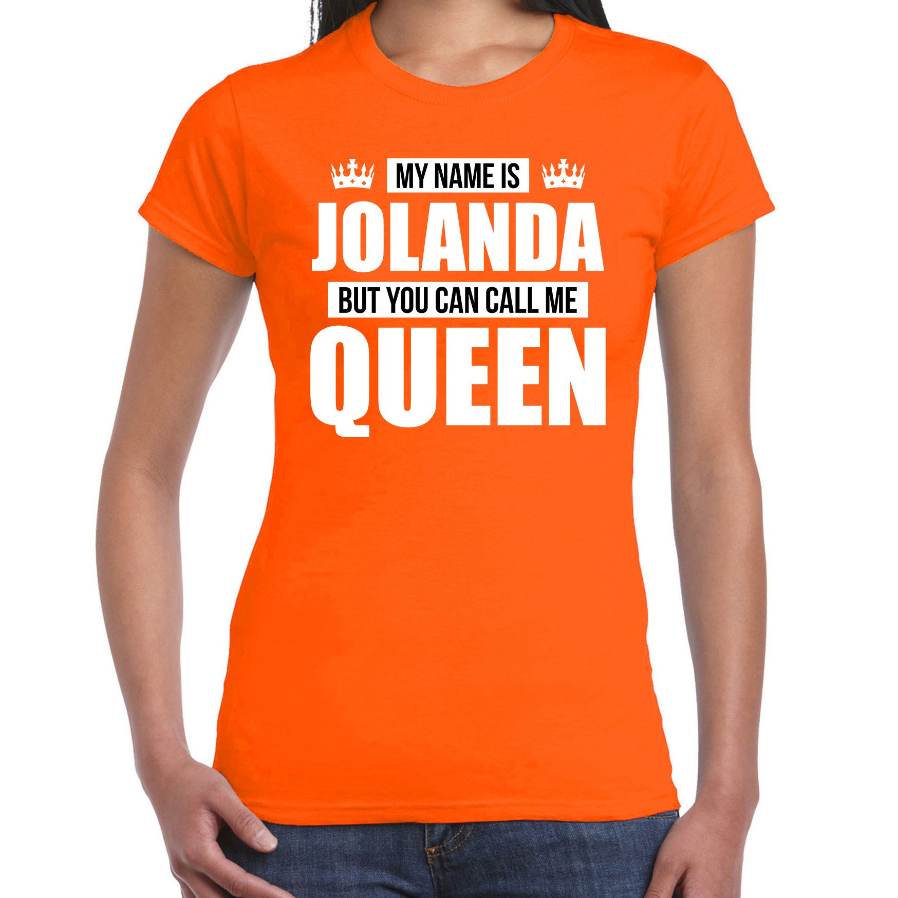 Naam cadeau t-shirt my name is Jolanda - but you can call me Queen oranje voor dames