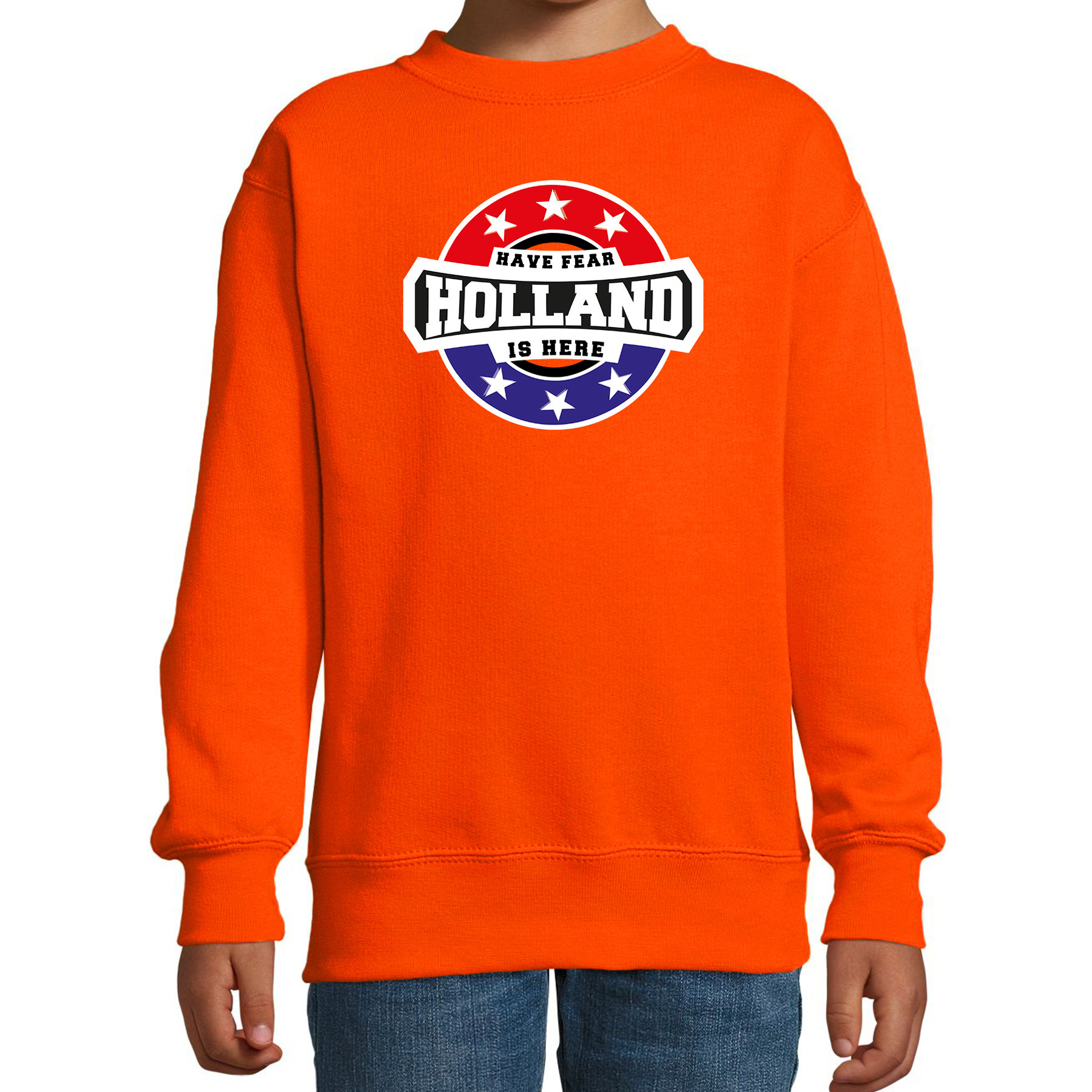 Have fear Holland is here / Holland supporter sweater oranje voor kids