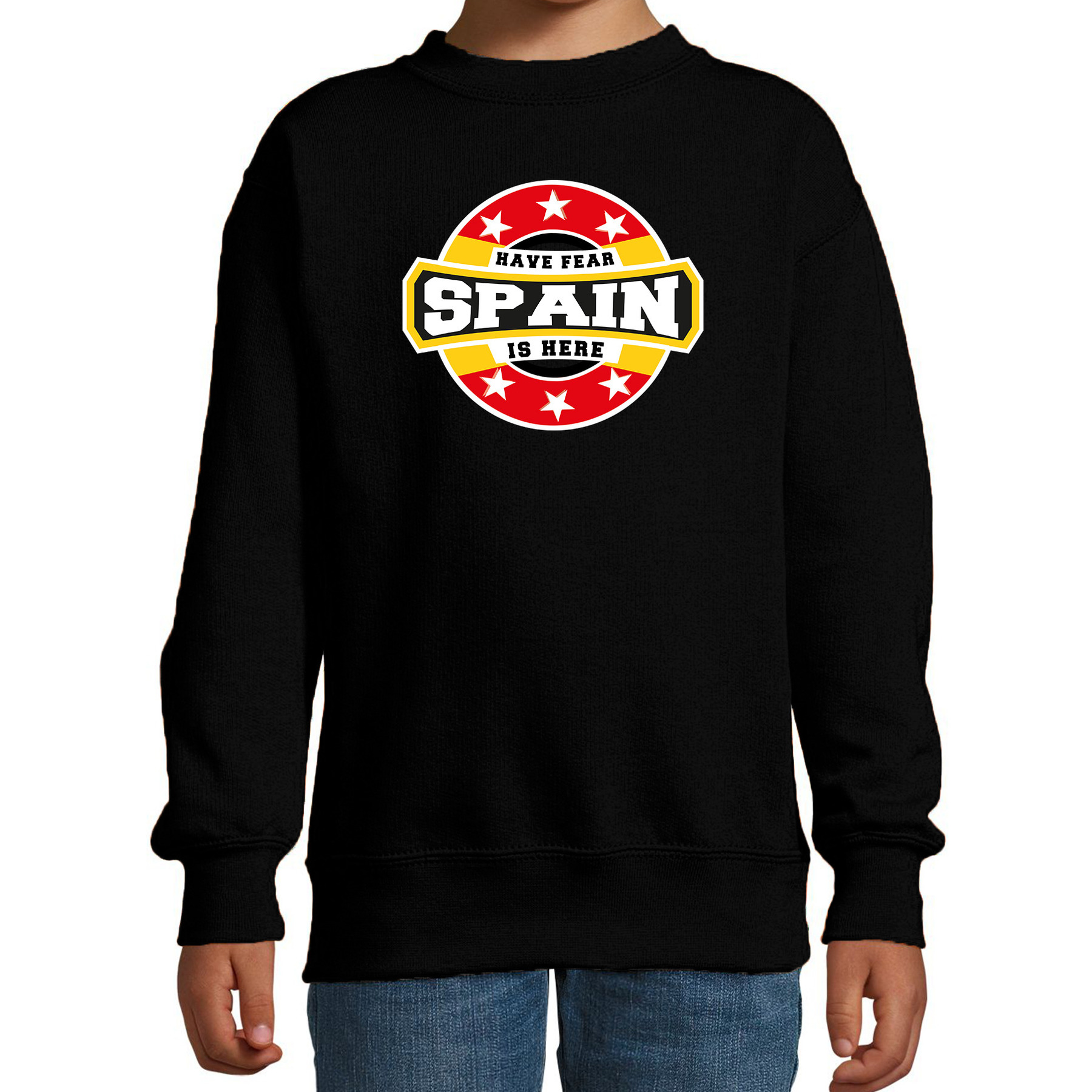 Have fear Spain is here / Spanje supporters sweater zwart voor kids
