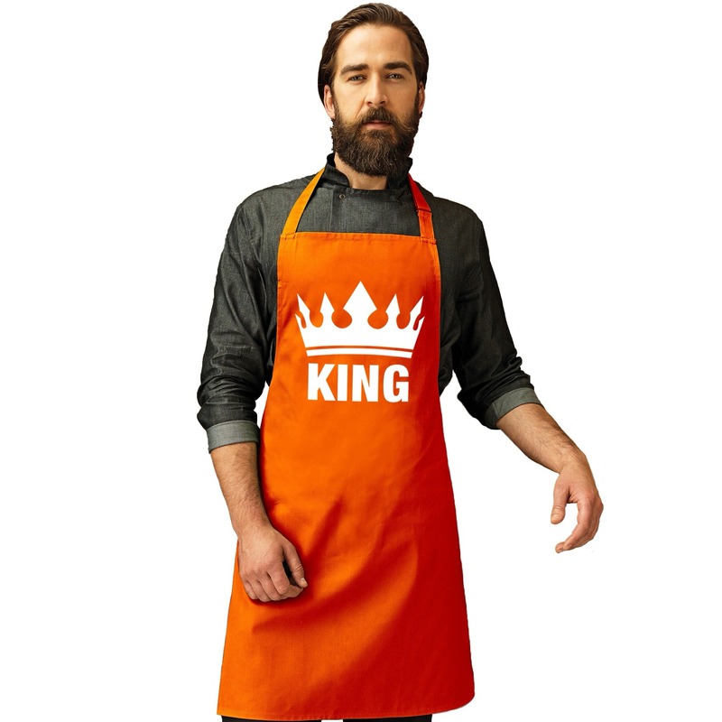 King print BBQ schort - keukenschort - oranje - met kroon - voor heren