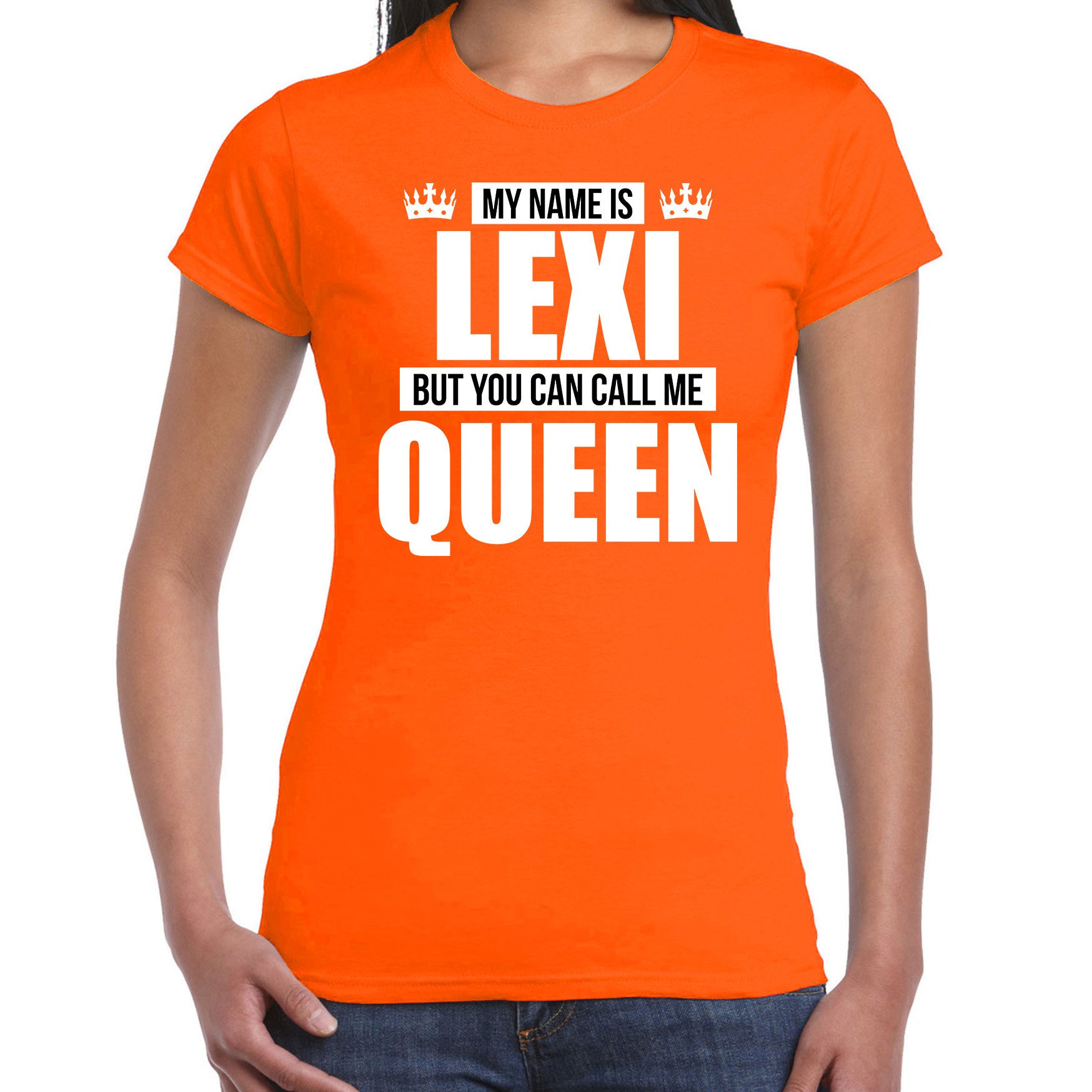 Naam cadeau t-shirt my name is Lexi - but you can call me Queen oranje voor dames