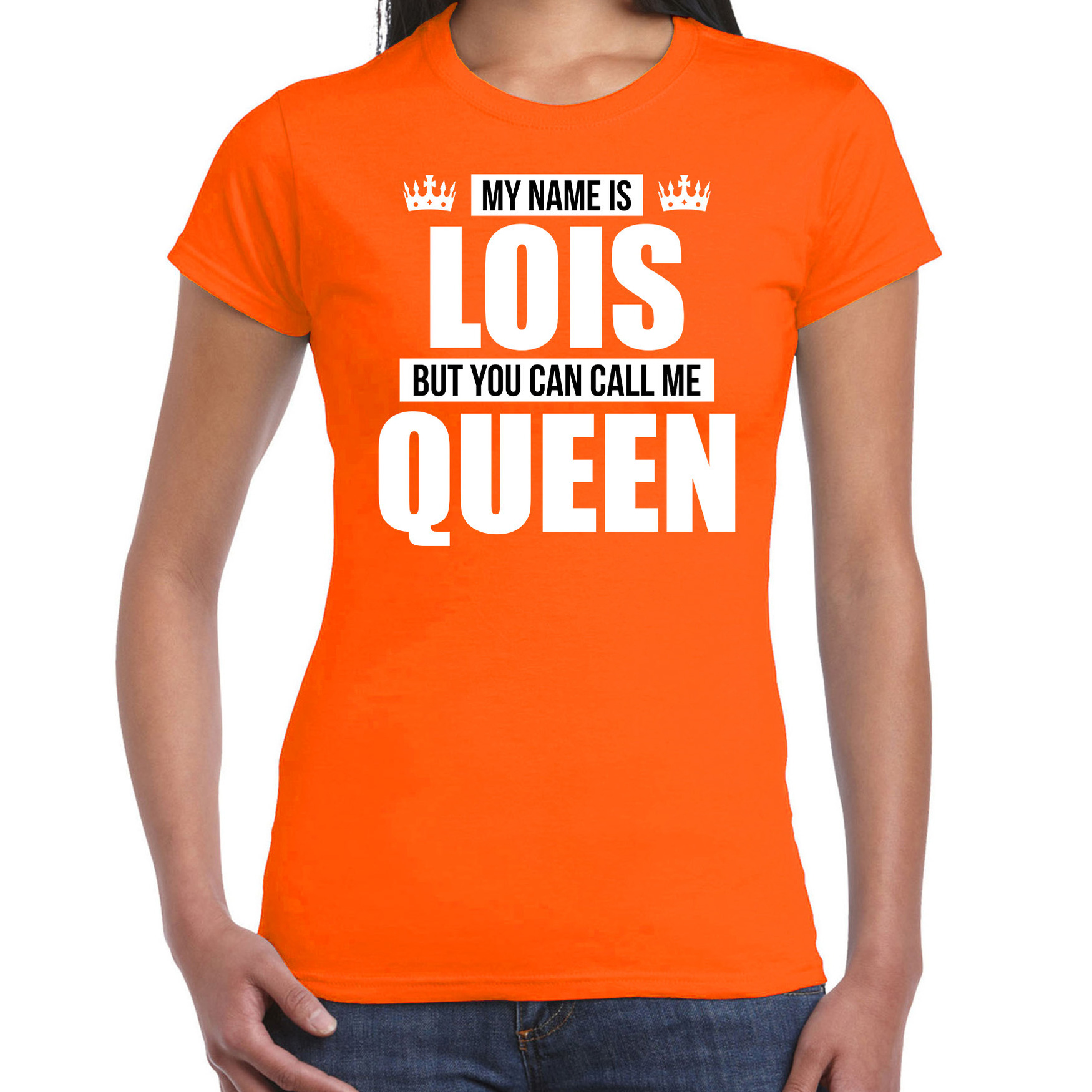 Naam cadeau t-shirt my name is Lois - but you can call me Queen oranje voor dames