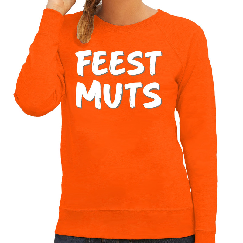 Feest muts sweater / trui oranje met witte letters voor dames