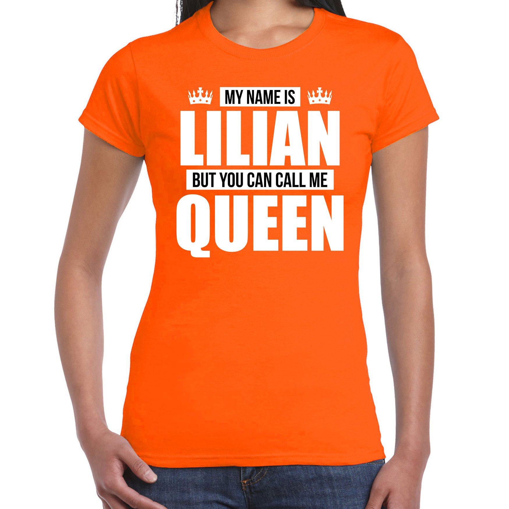 Naam cadeau t-shirt my name is Lillian - but you can call me Queen oranje voor dames