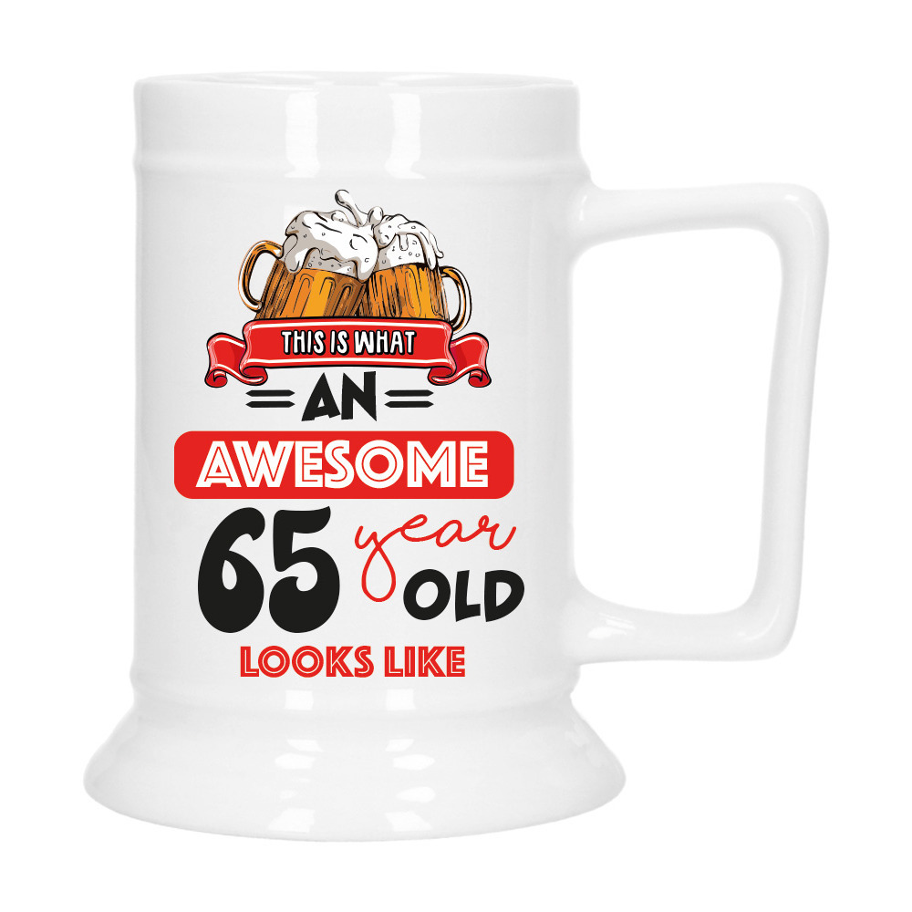 Cadeau Bierpul voor 65 jaar - rood - grappige leeftijd bierpul - keramiek - 530 ml