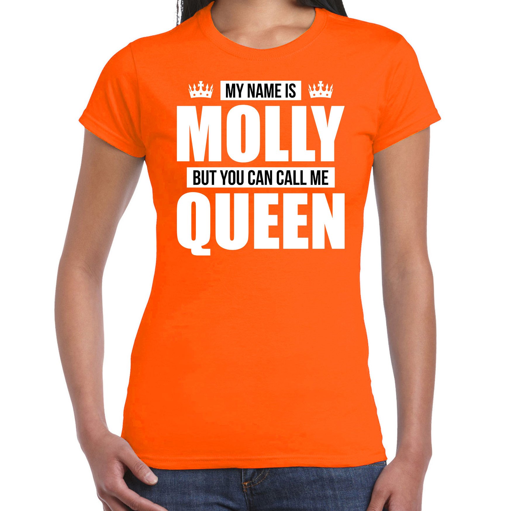 Naam cadeau t-shirt my name is Molly - but you can call me Queen oranje voor dames