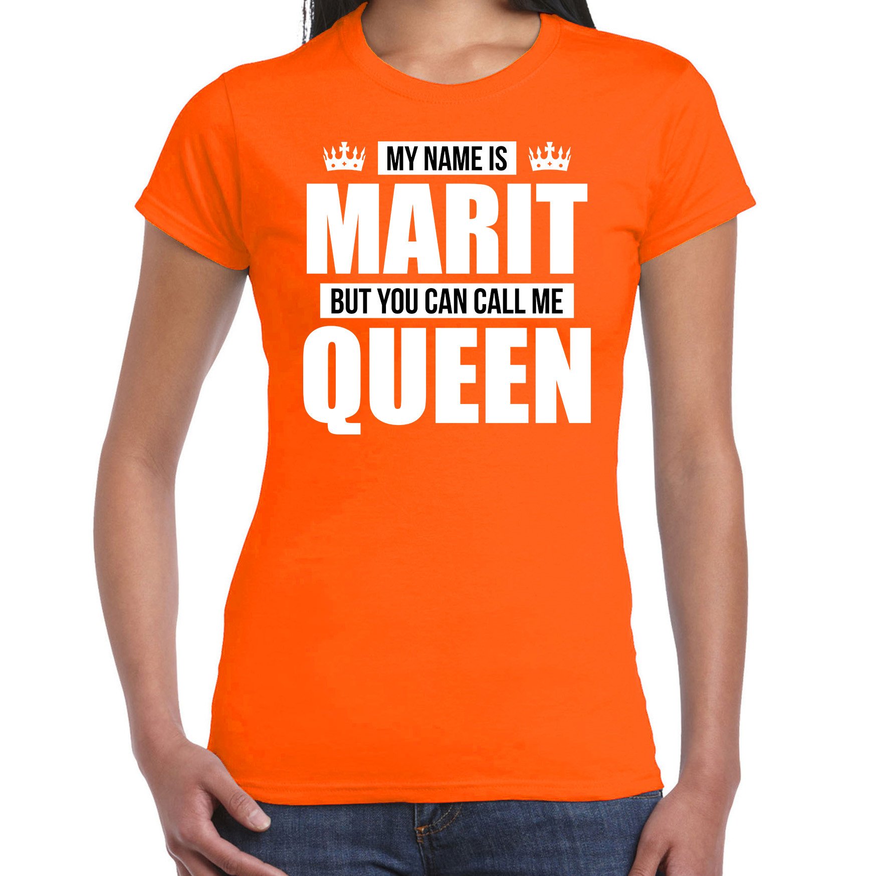 Naam cadeau t-shirt my name is Marit - but you can call me Queen oranje voor dames