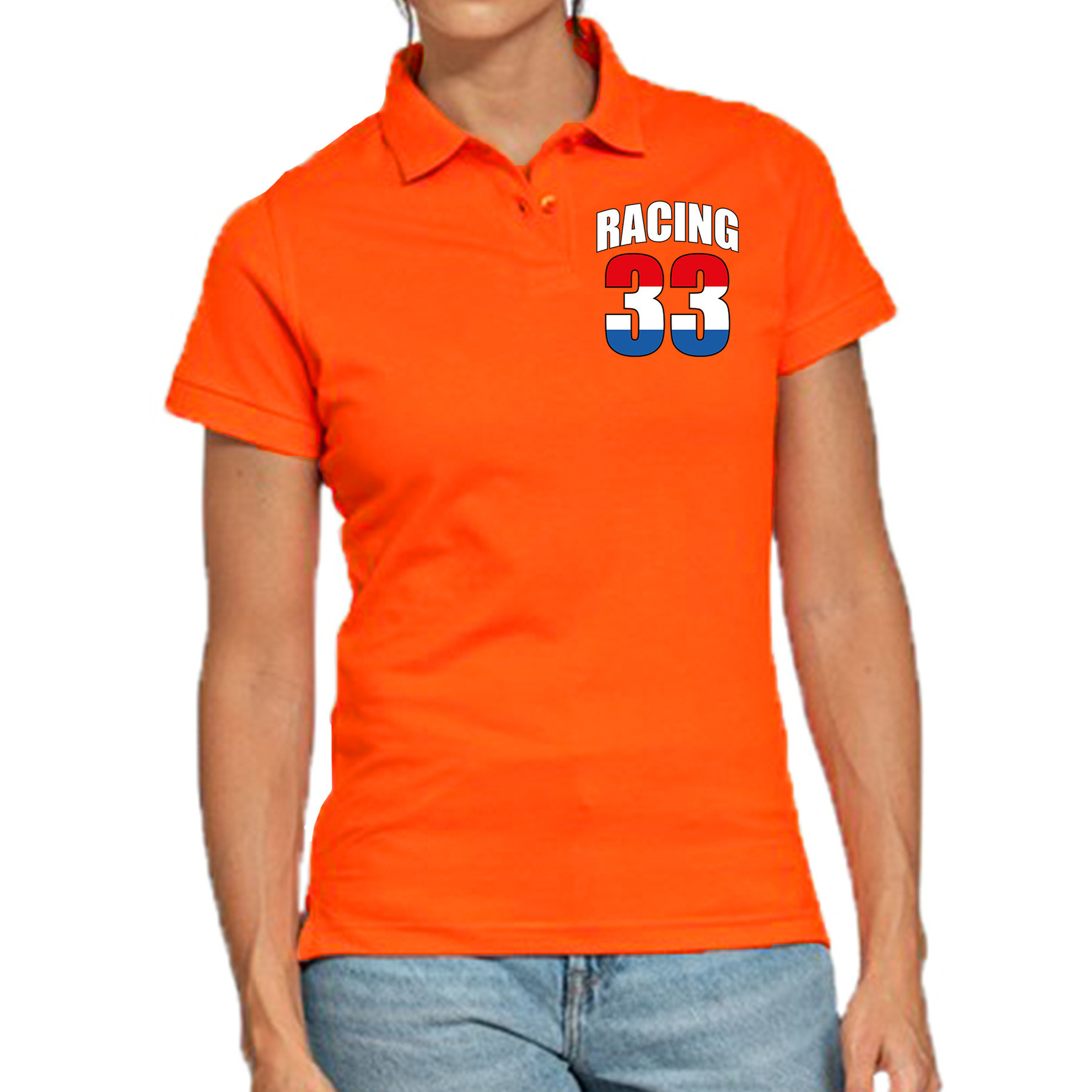 Racing 33 supporter / race fan poloshirt borst bedrukking oranje voor dames