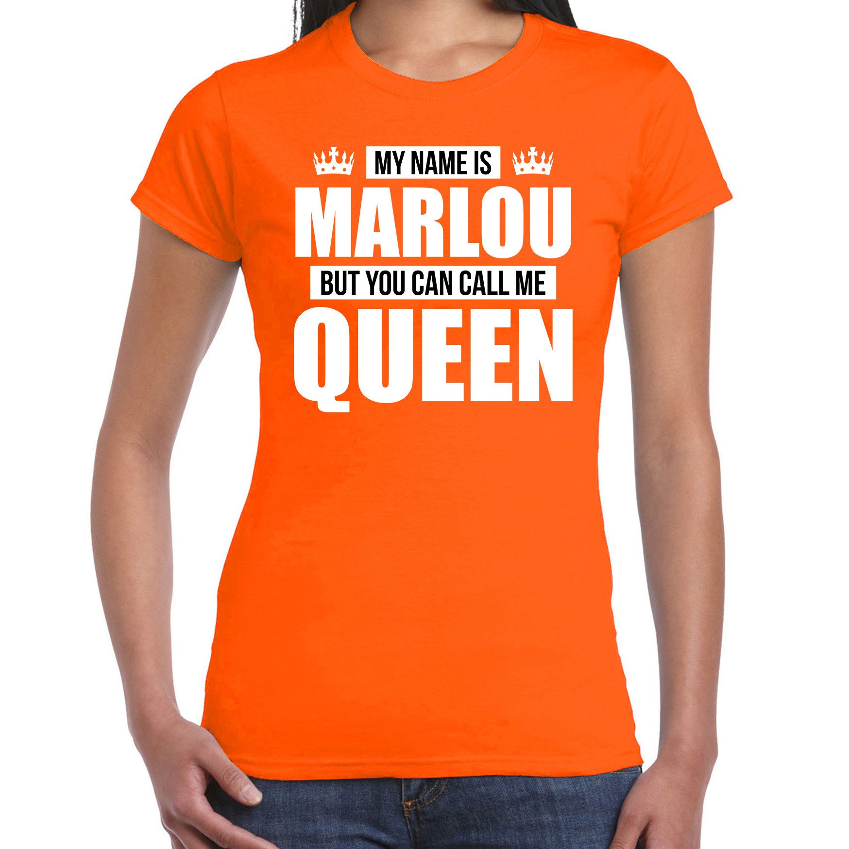 Naam cadeau t-shirt my name is Marlou - but you can call me Queen oranje voor dames
