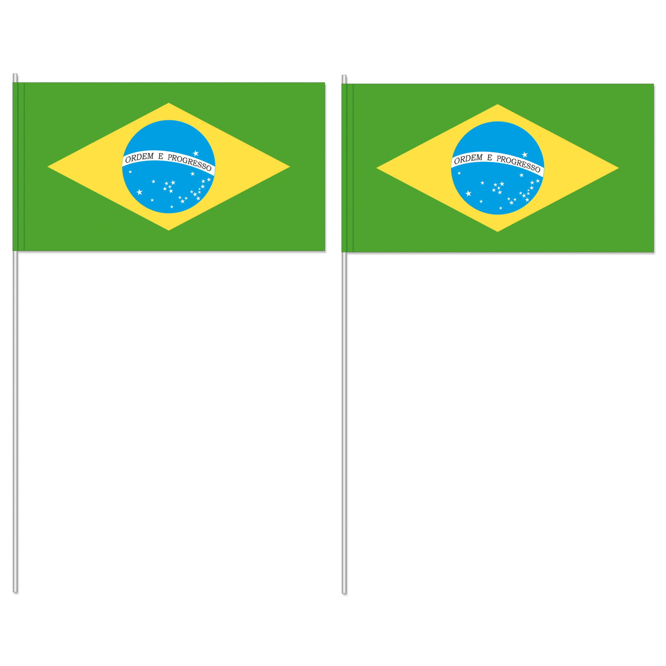Zwaaivlaggetjes Brazilie - 10x - 12 x 24 cm - papier - landen versiering - supporters - stokje 40 cm