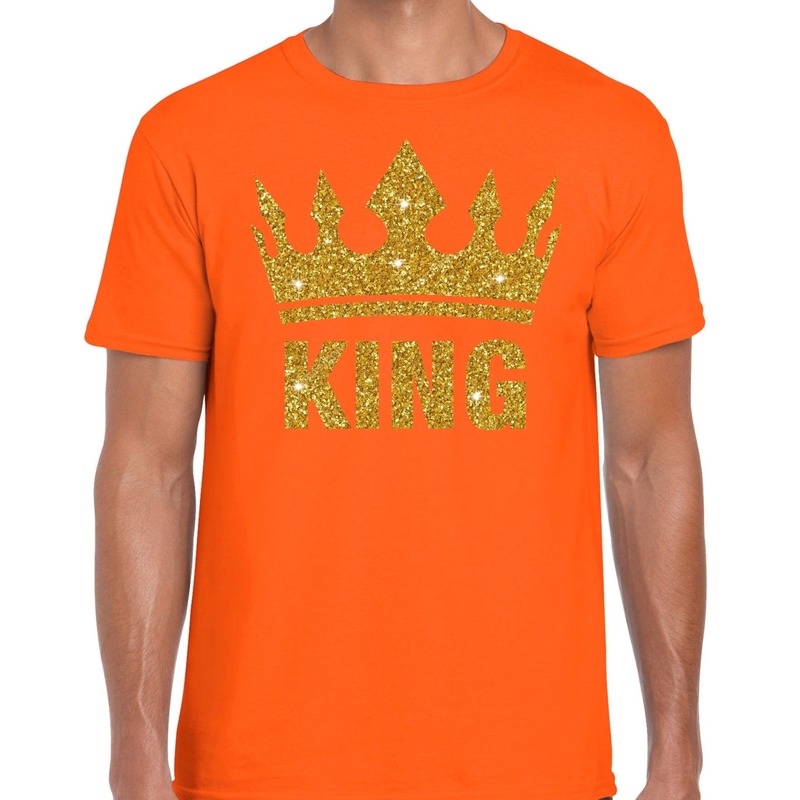 Oranje t-shirt - King - gouden glitter letters - kroon - heren - Koningsdag - EK/WK