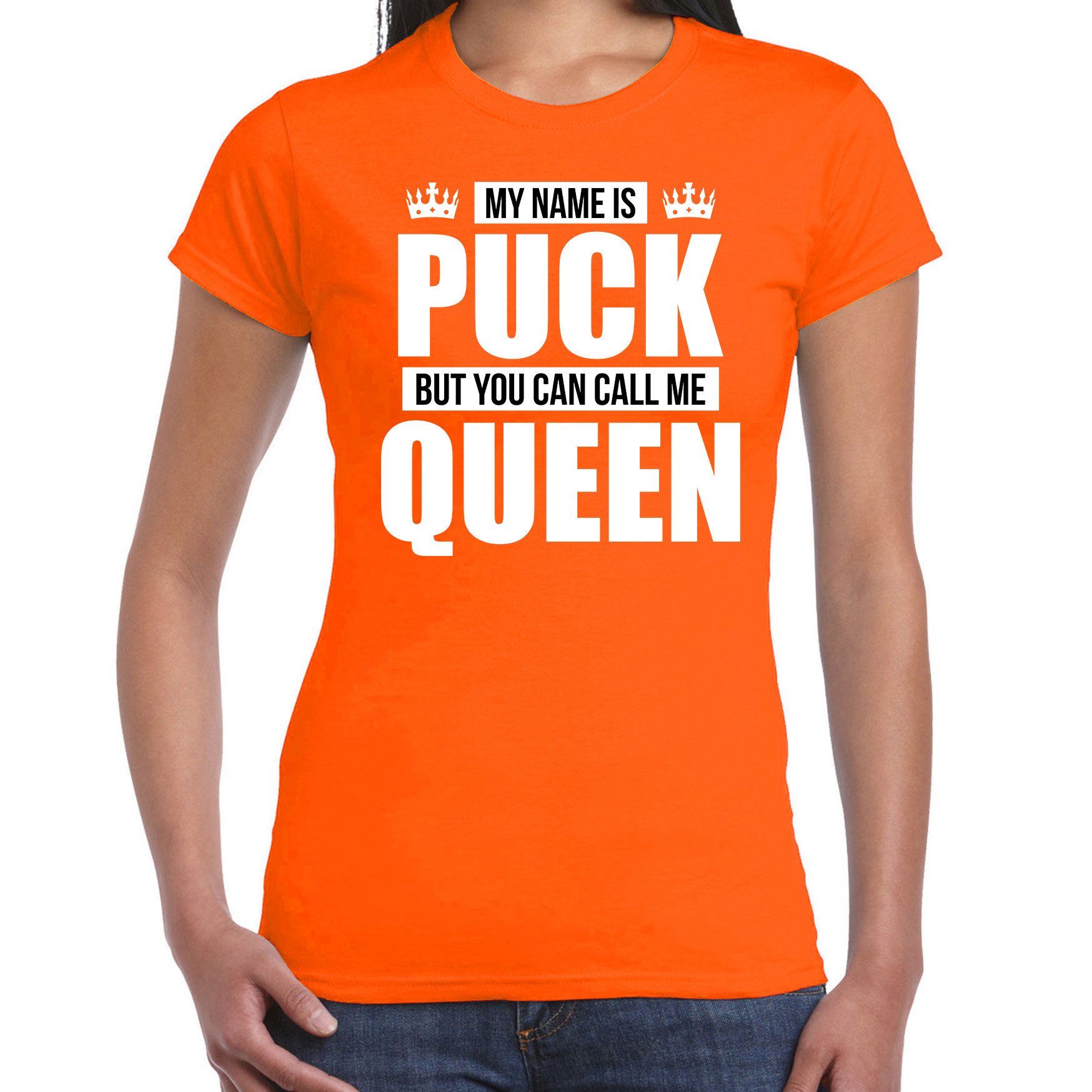 Naam cadeau t-shirt my name is Puck - but you can call me Queen oranje voor dames