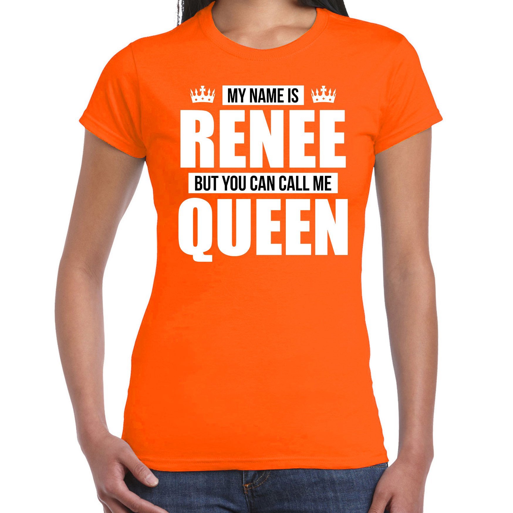 Naam cadeau t-shirt my name is Renee - but you can call me Queen oranje voor dames