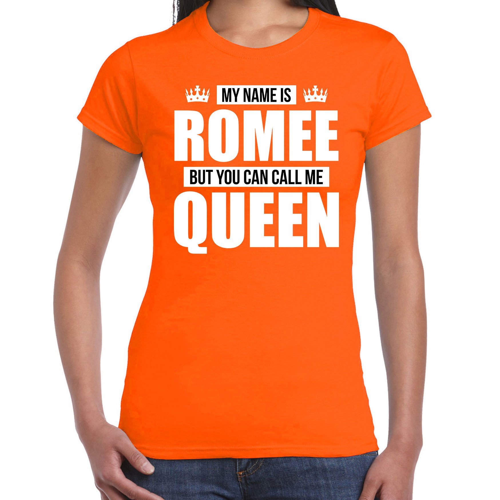 Naam cadeau t-shirt my name is Romee - but you can call me Queen oranje voor dames
