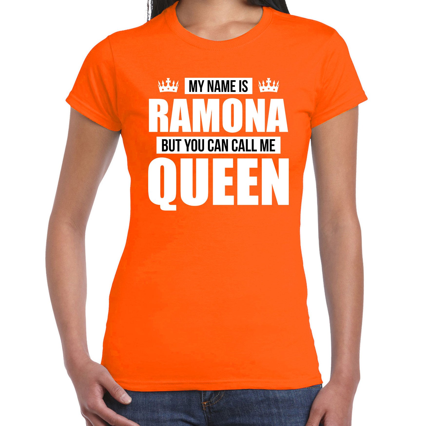 Naam cadeau t-shirt my name is Ramona - but you can call me Queen oranje voor dames