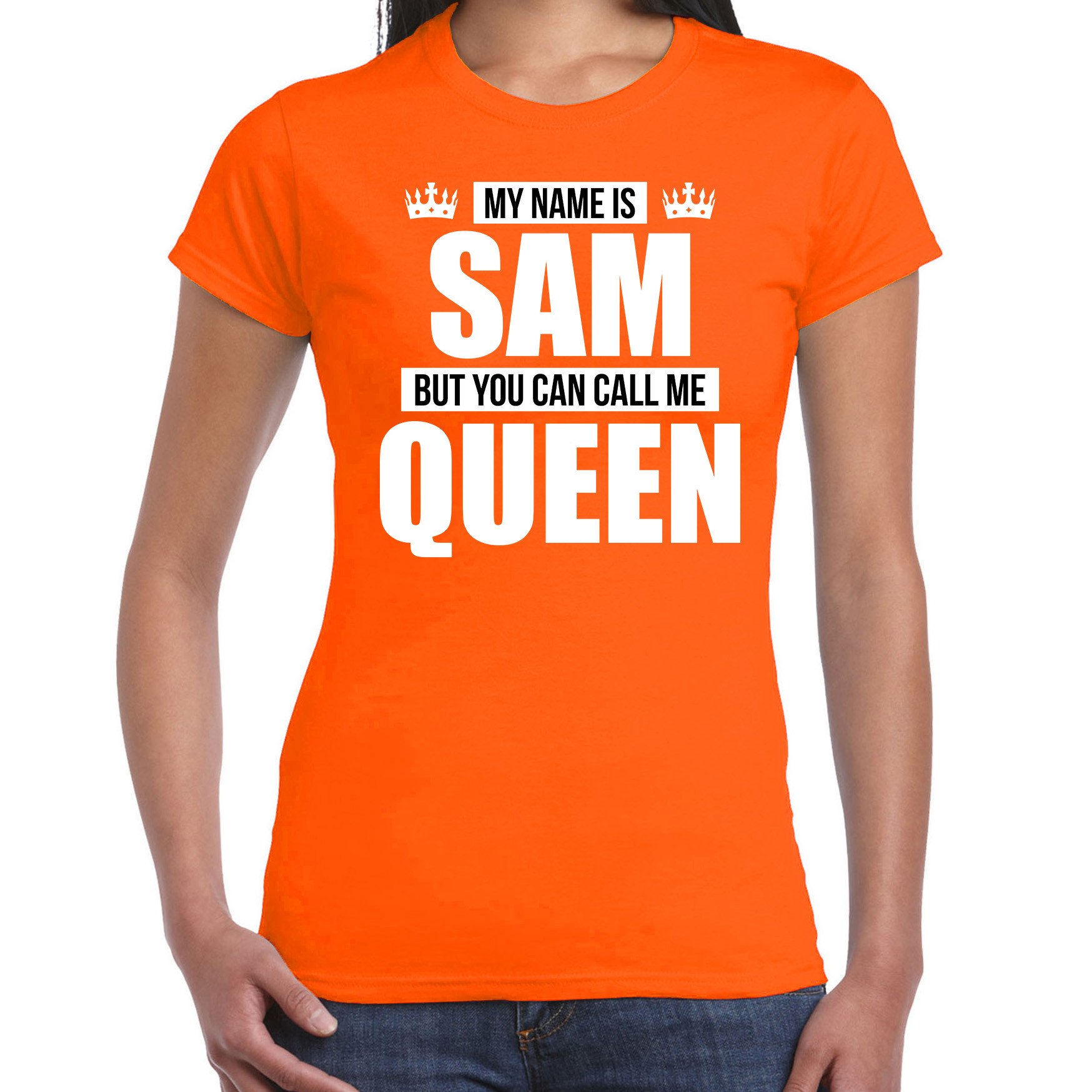 Naam cadeau t-shirt my name is Sam - but you can call me Queen oranje voor dames