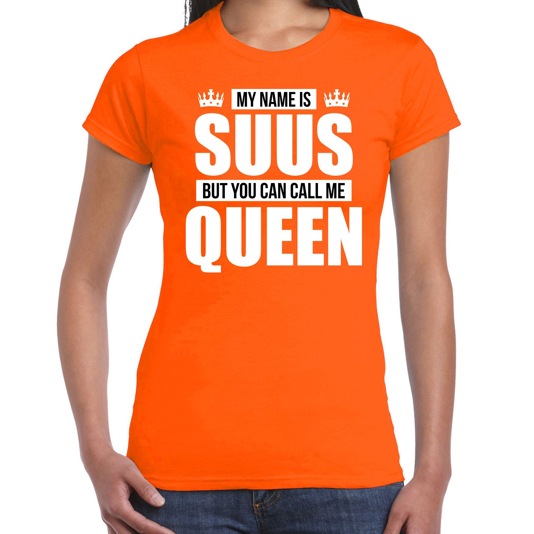 Naam cadeau t-shirt my name is Suus - but you can call me Queen oranje voor dames