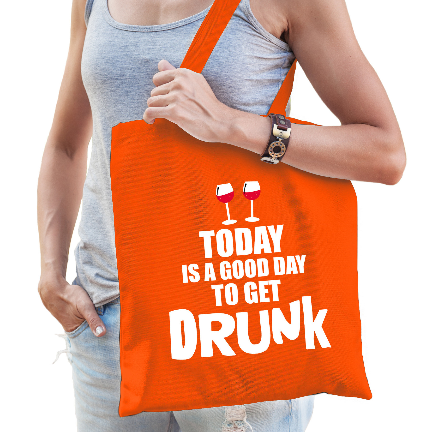 Good day to get drunk wijn supporter cadeau tas oranje voor dames en heren