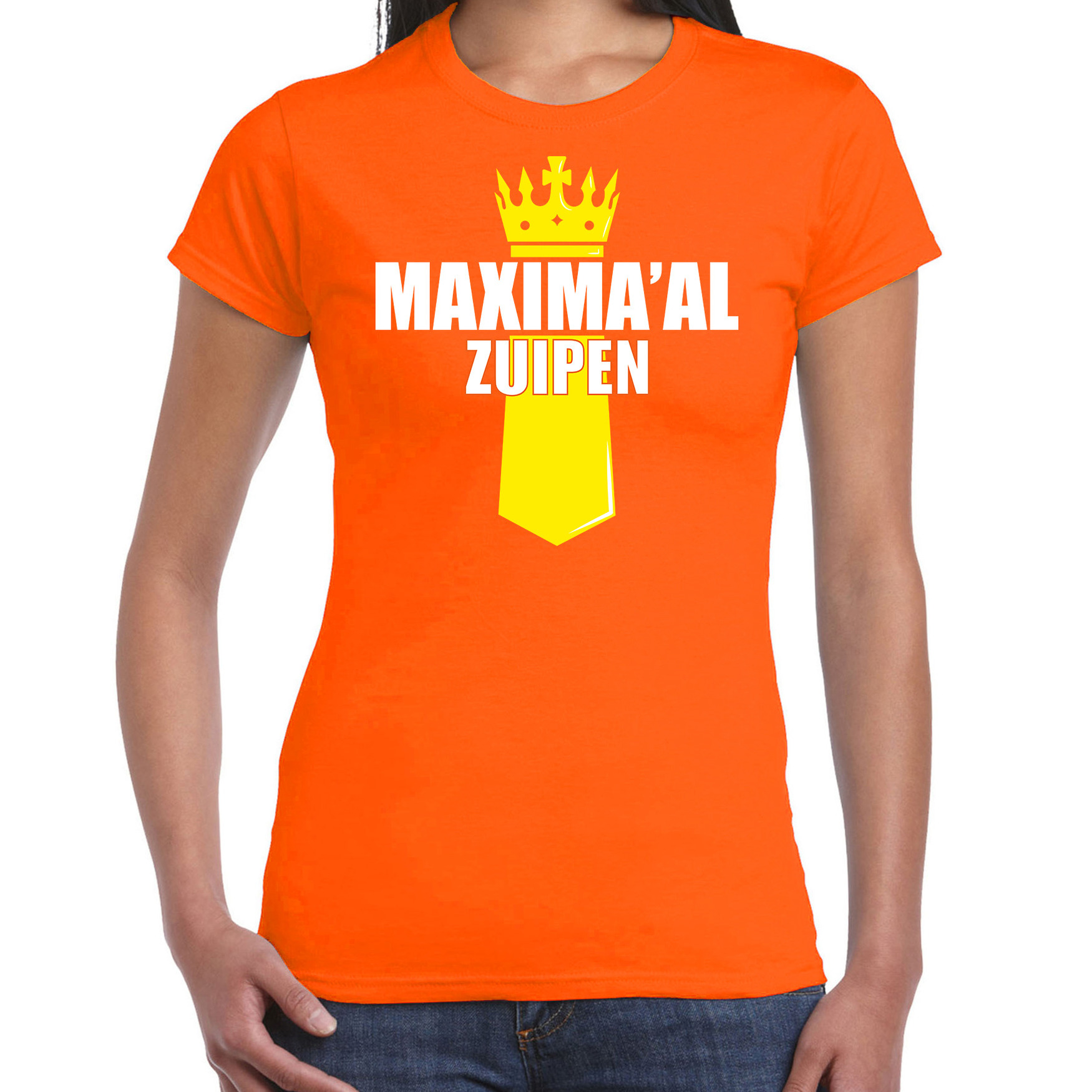 Koningsdag t-shirt Maximaal zuipen met kroontje oranje voor dames