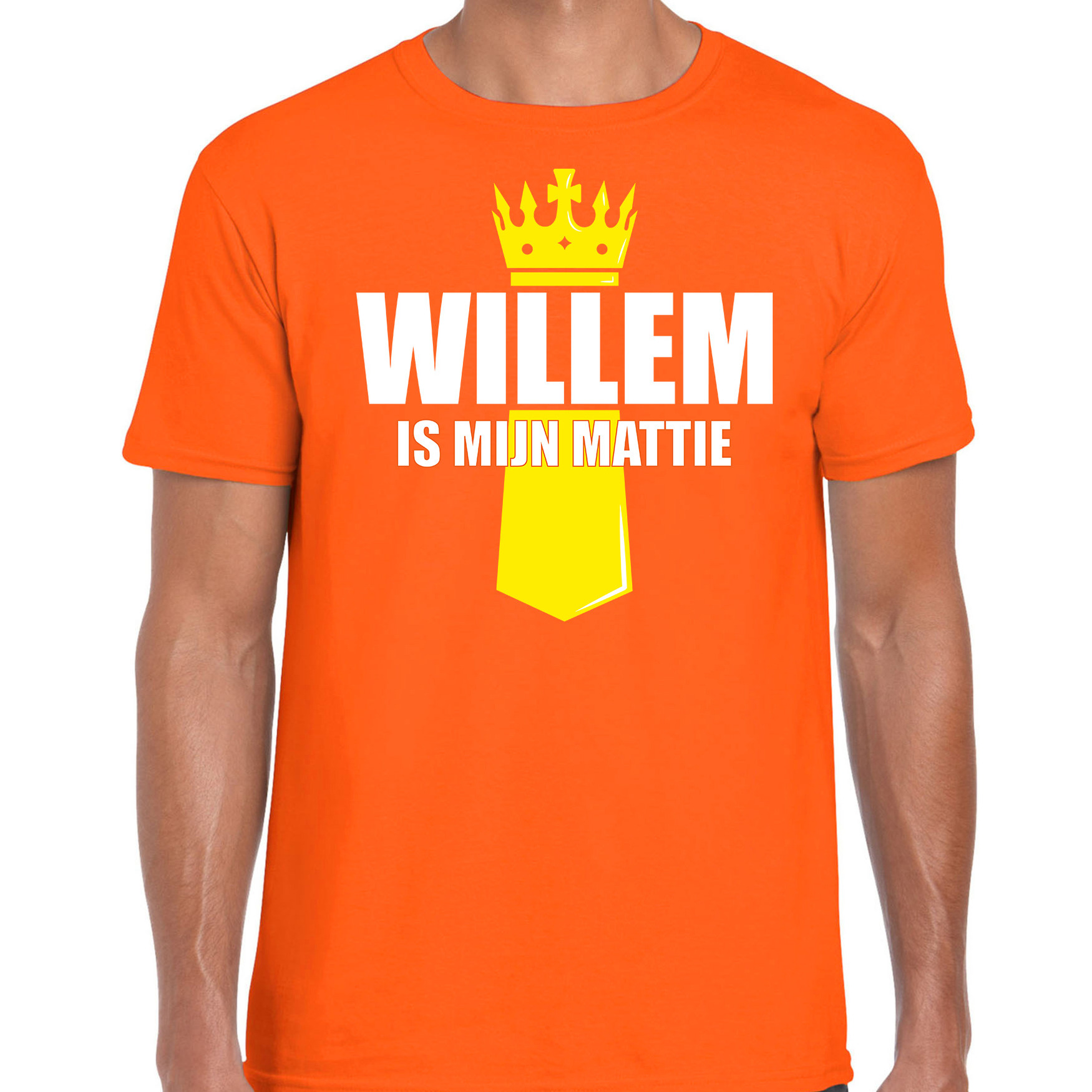 Koningsdag t-shirt Willem is mijn mattie met kroontje oranje voor heren