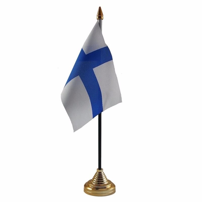 Vlag Finland tafelvlaggetje - 10 x 15 cm - met gouden standaard - Hoogte 27 cm