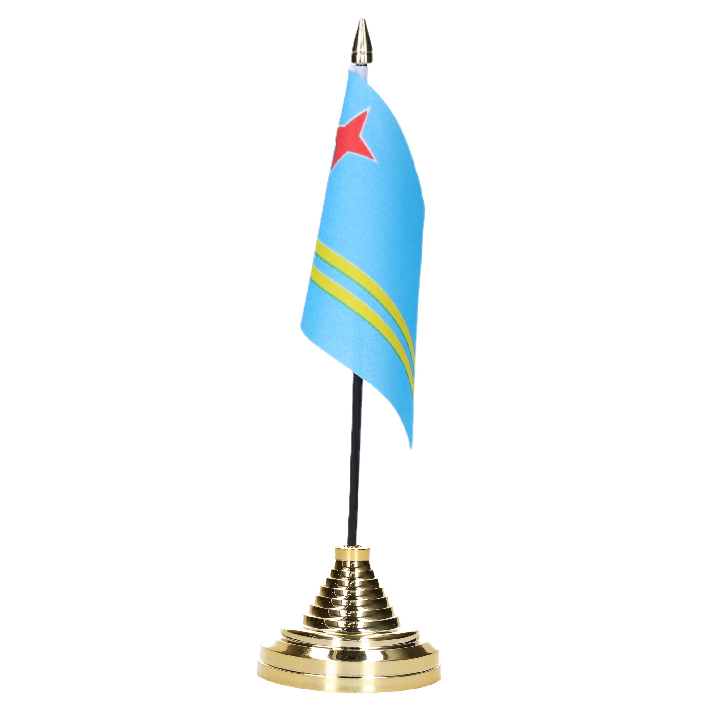 Vlag Aruba tafelvlaggetje - 10 x 15 cm - met gouden standaard - Hoogte 27 cm