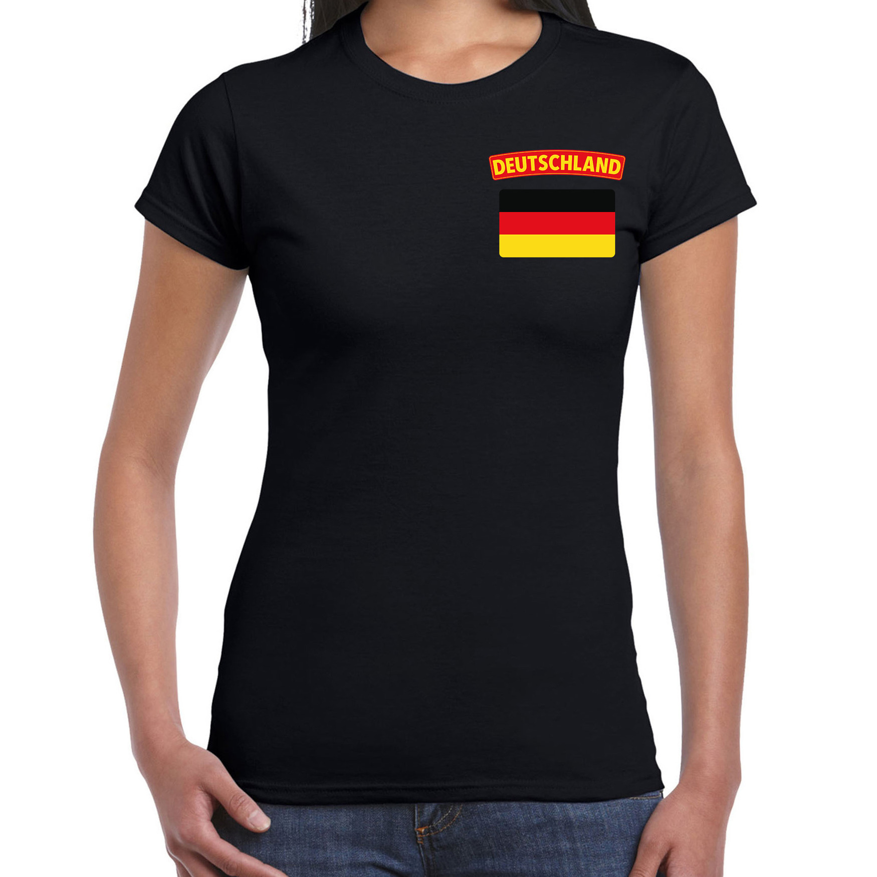 Deutschland t-shirt met vlag Duitsland zwart op borst voor dames