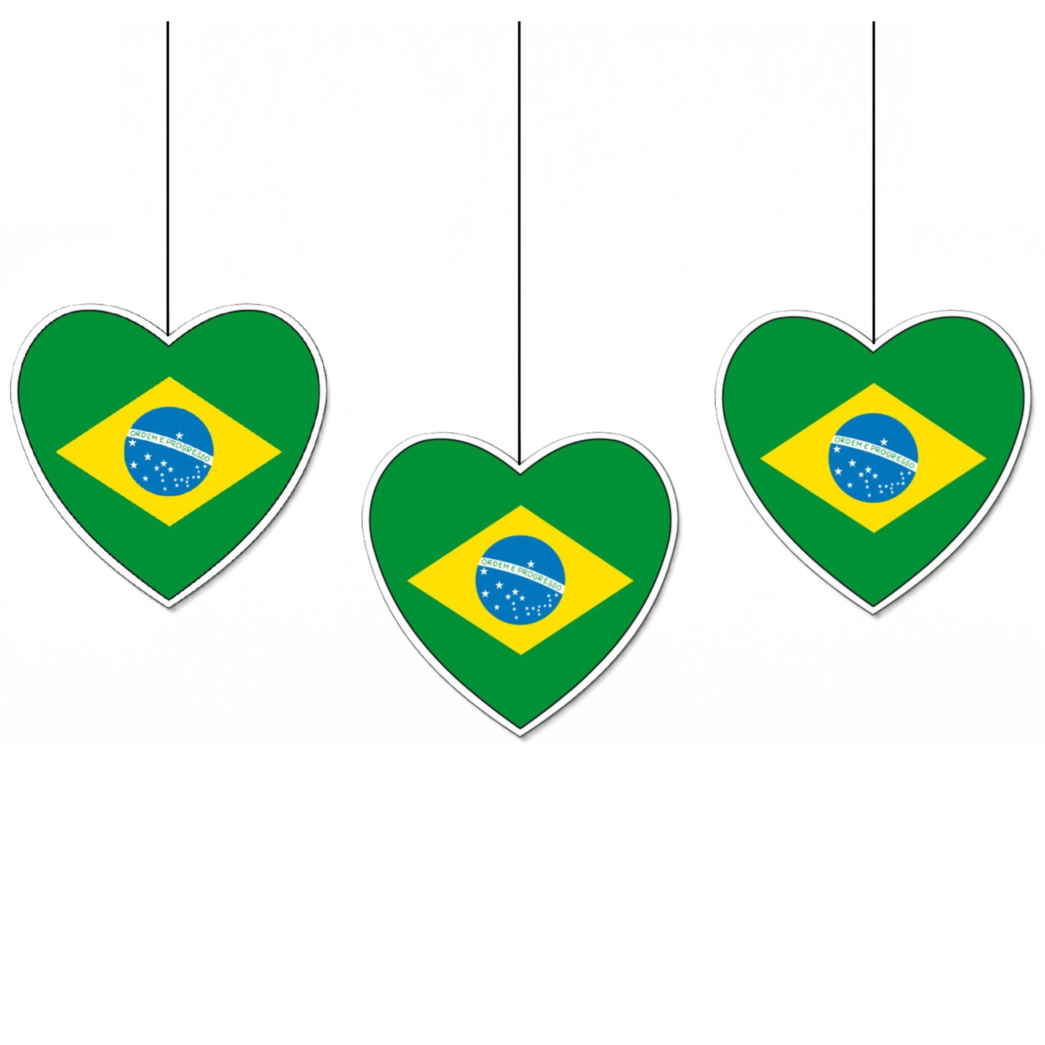 Brazilie vlag hangdecoratie - 3x - hartjes vorm - karton - 28 cm - Brandvertragend - Feestartikelen