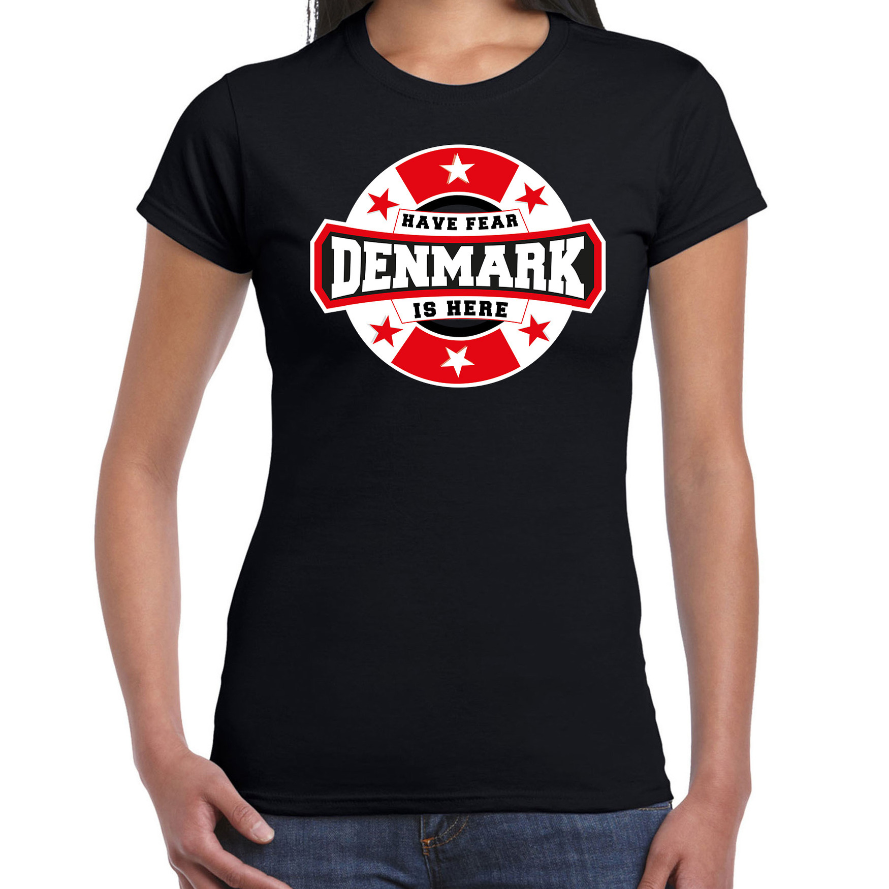Have fear Denmark is here / Denemarken supporter t-shirt zwart voor dames