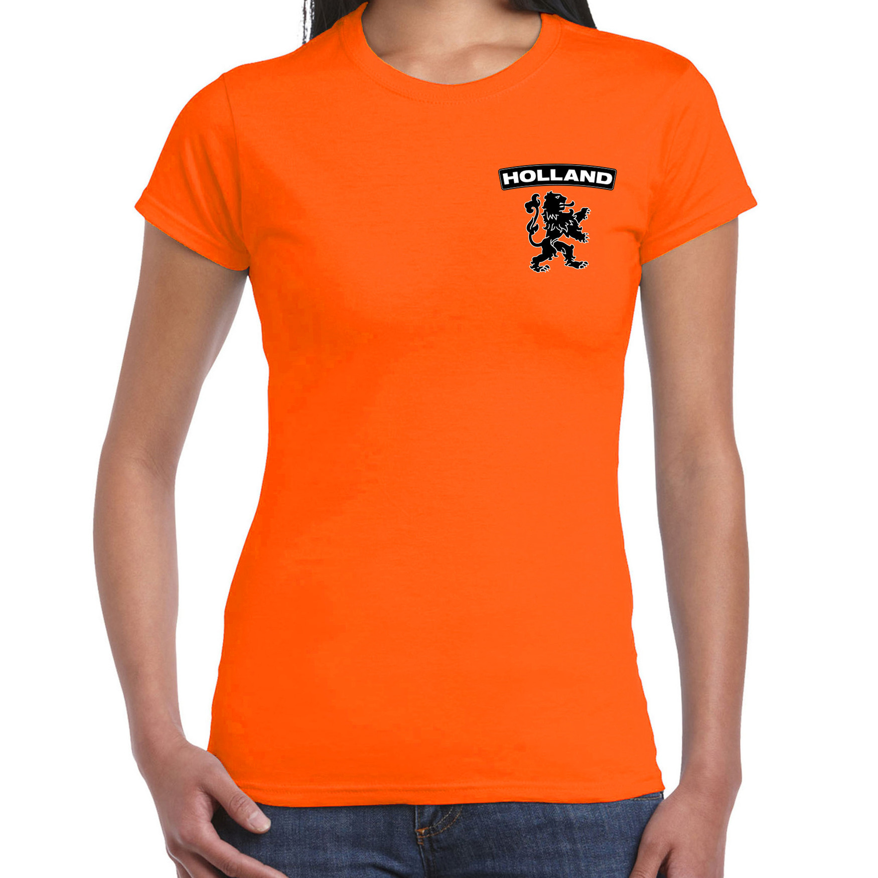 Oranje shirt met oranje leeuw embleem op borst dames - Holland / Nederland supporter shirt EK/ WK