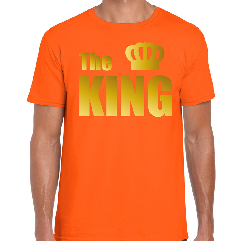 The king t-shirt oranje met gouden letters en kroon voor heren
