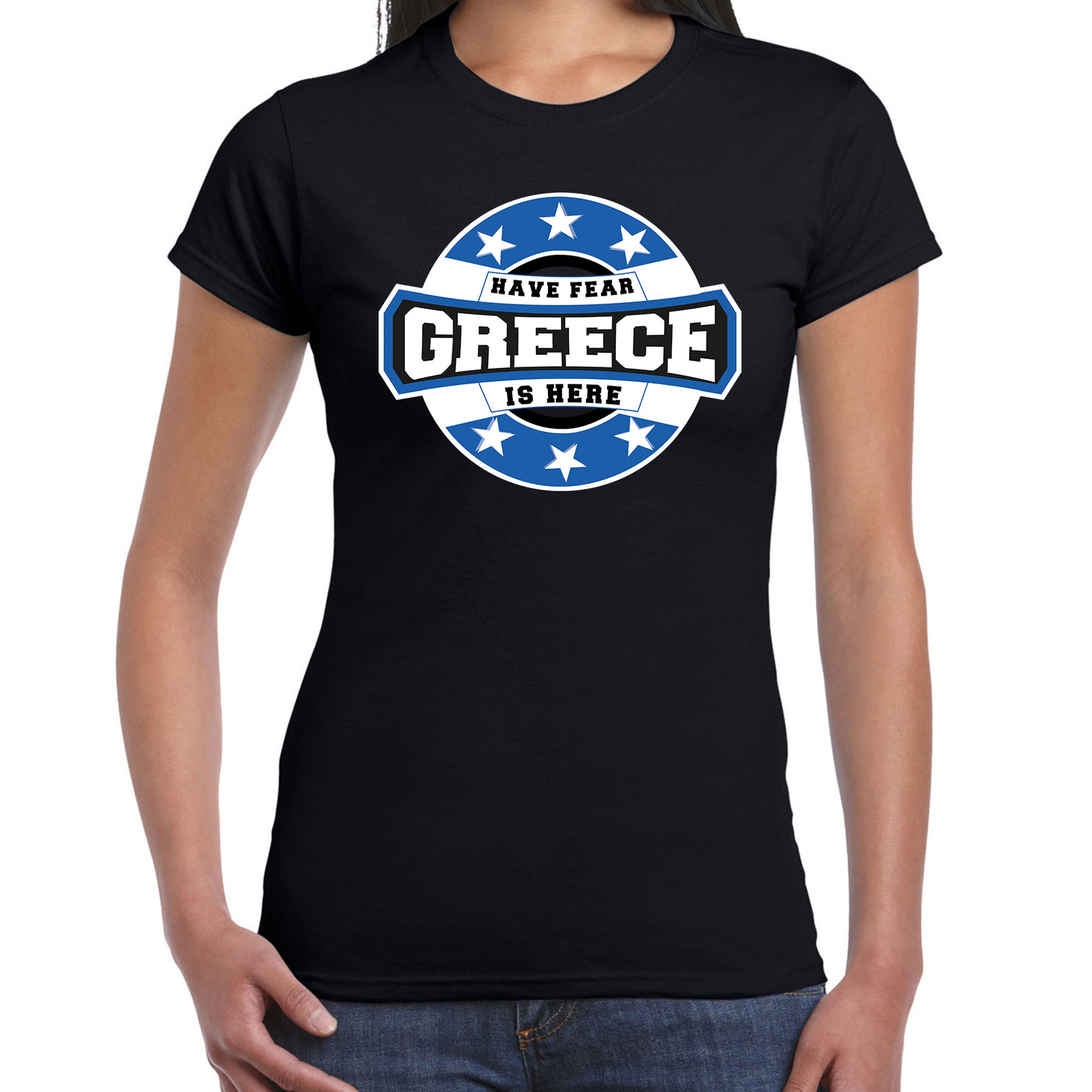 Have fear Greece is here / Griekenland supporter t-shirt zwart voor dames